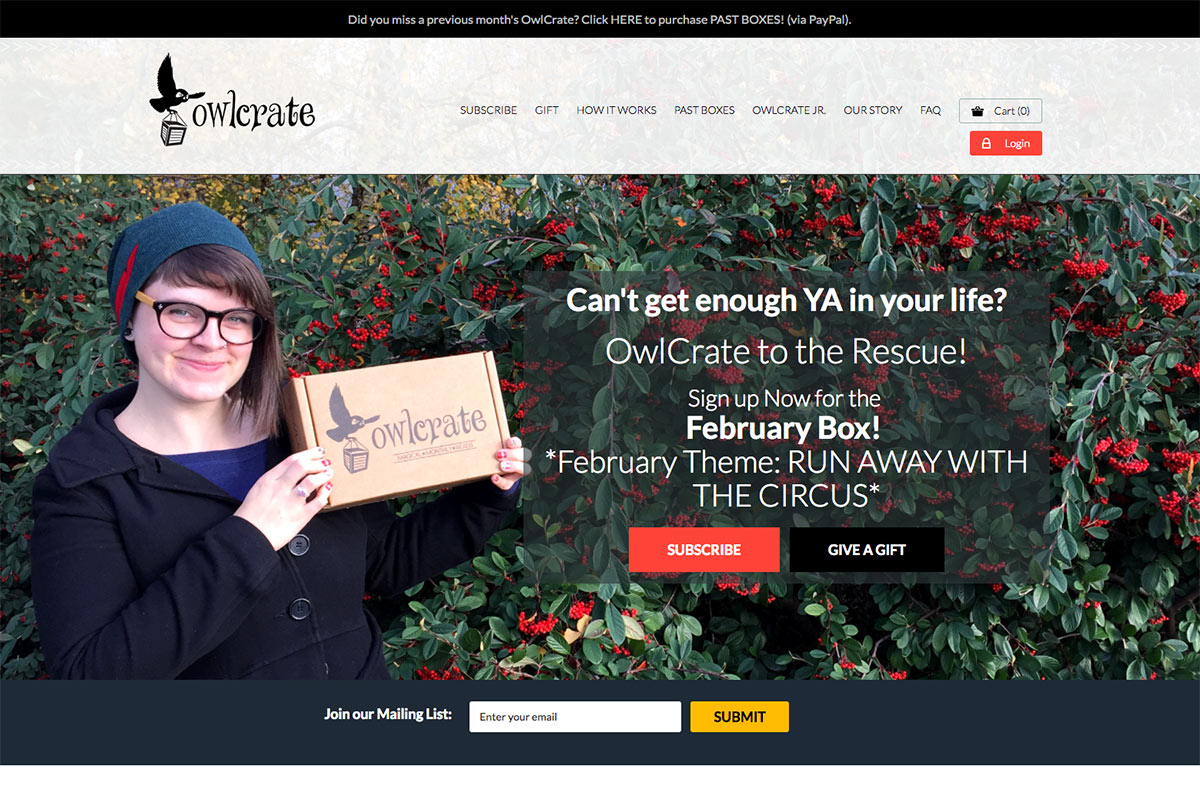 A screenshot of the OwlCrate subscription box website with the words Can't get enough YA in your life? OwlCrate to the...