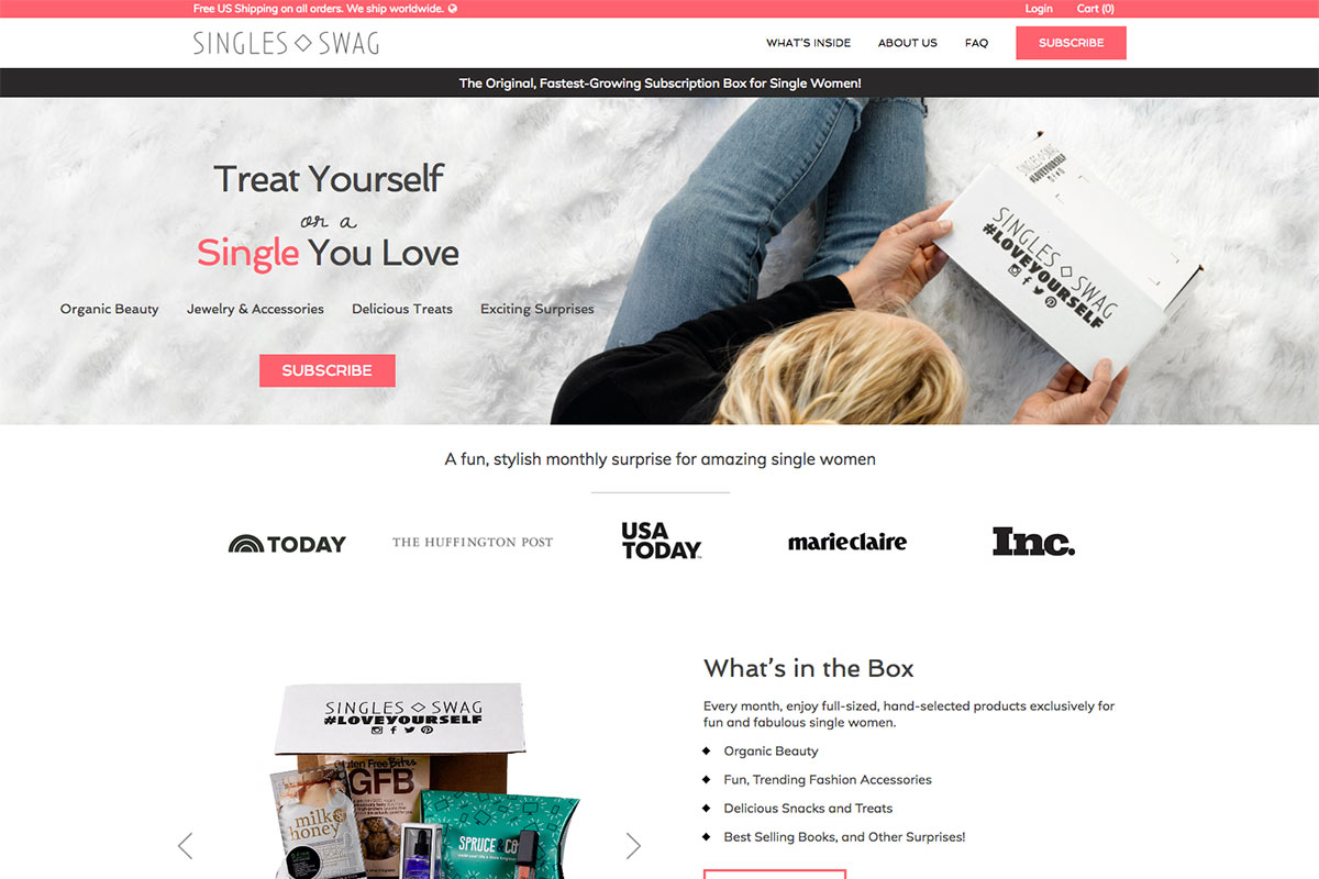 A screenshot of the Singles Swag subscription box website with the words Treat yourself or a single you love...